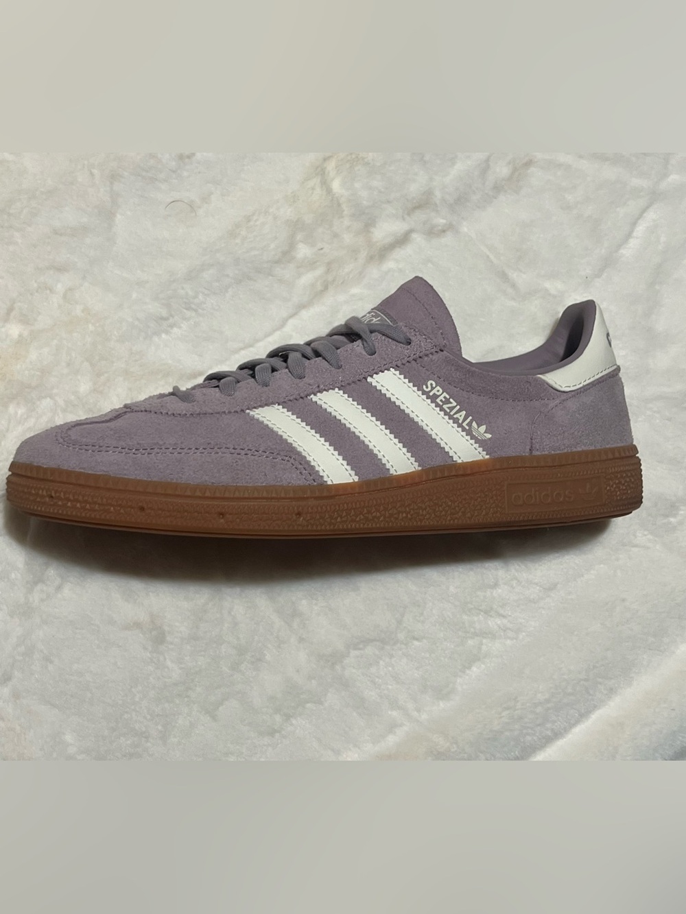 adidas Lavender Suede Spezial with White Stripes and Gum Sole